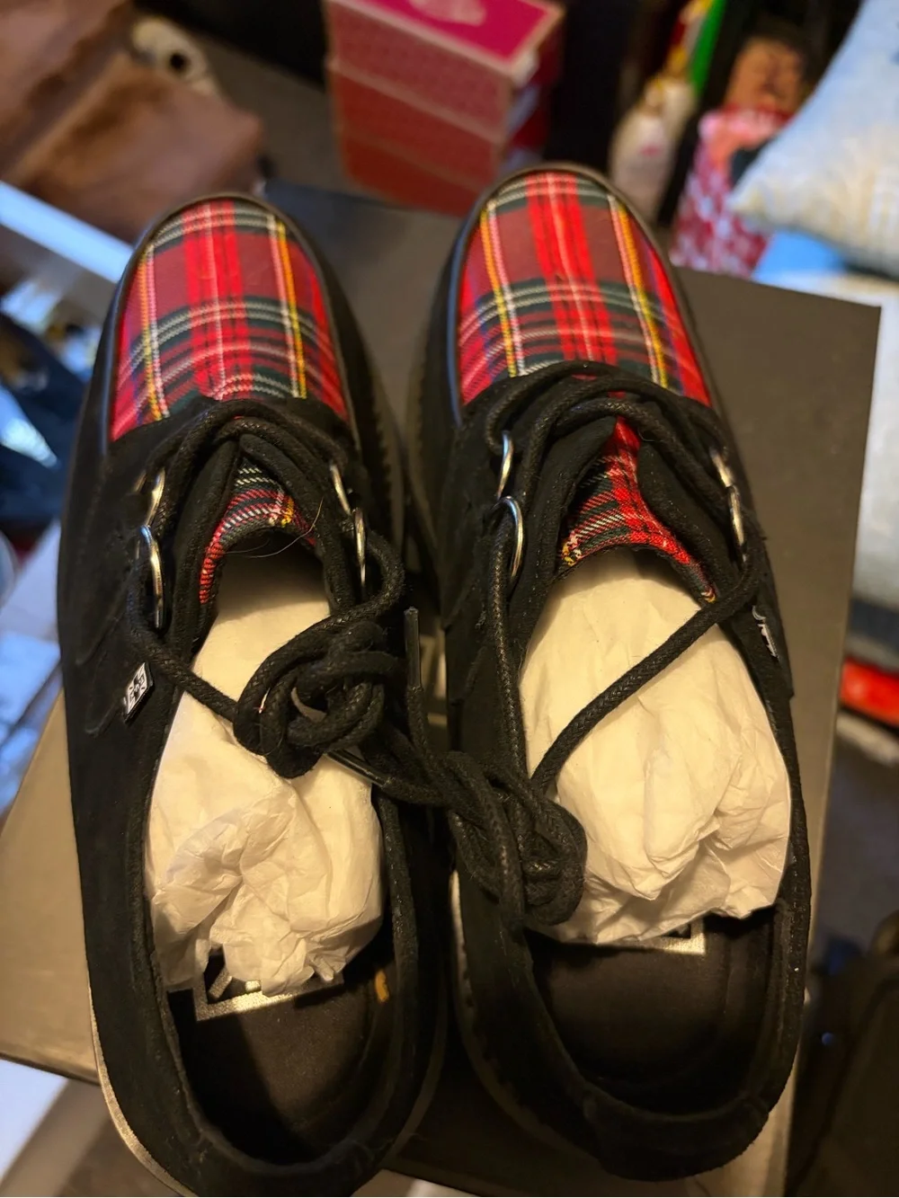 T.U.K Black Suede Platform Creepers with Red Tartan